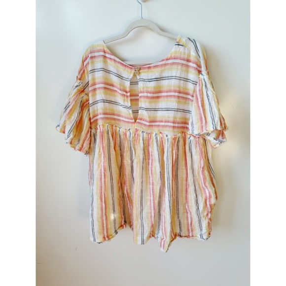 FREE PEOPLE Summer Nights Linen Striped Mini Dress Cream Orange M - Picture 2 of 6